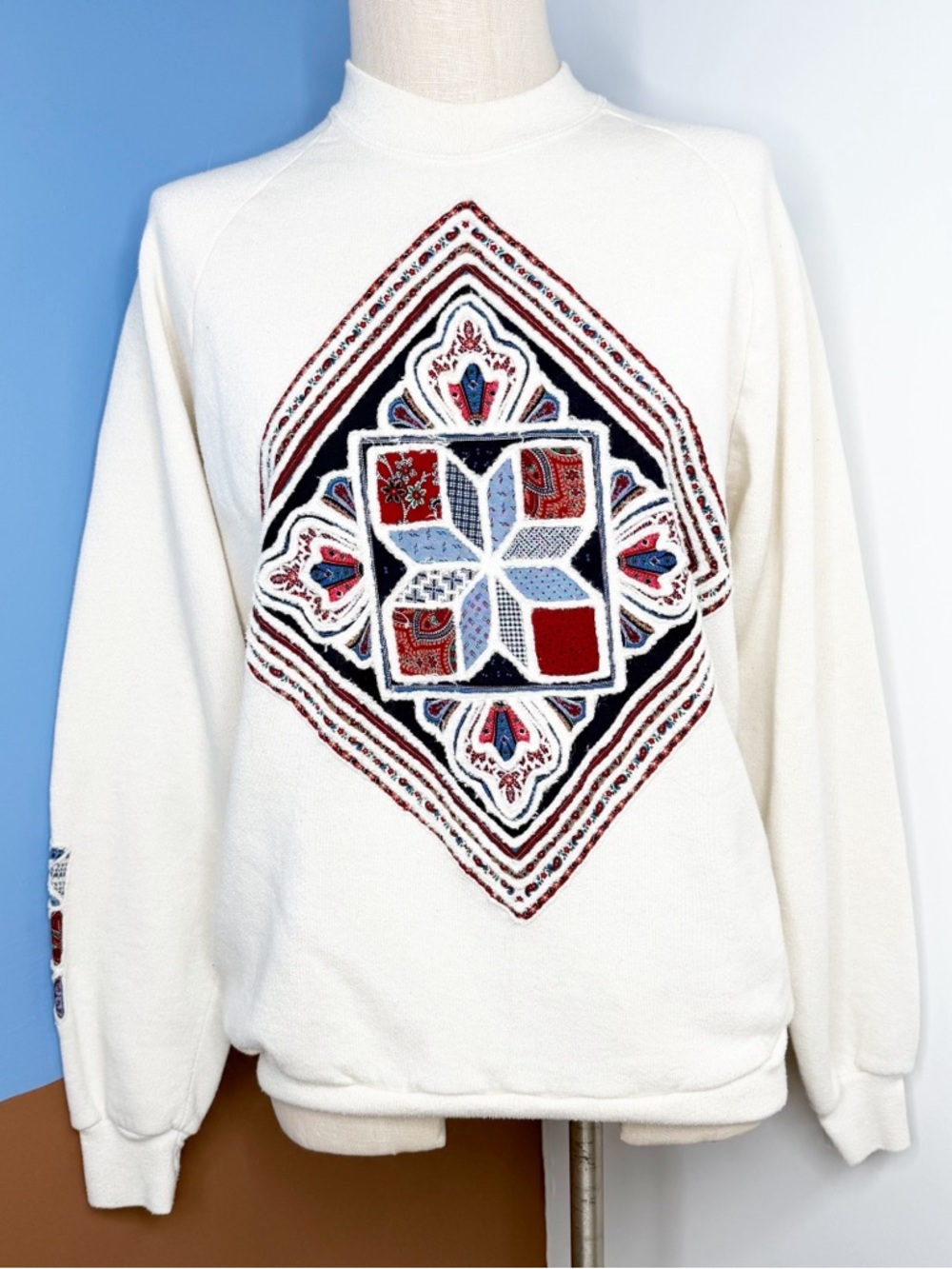Vintage Jerzees Handmade Quilted Detail Cream Patchwork Style‎ Size XL